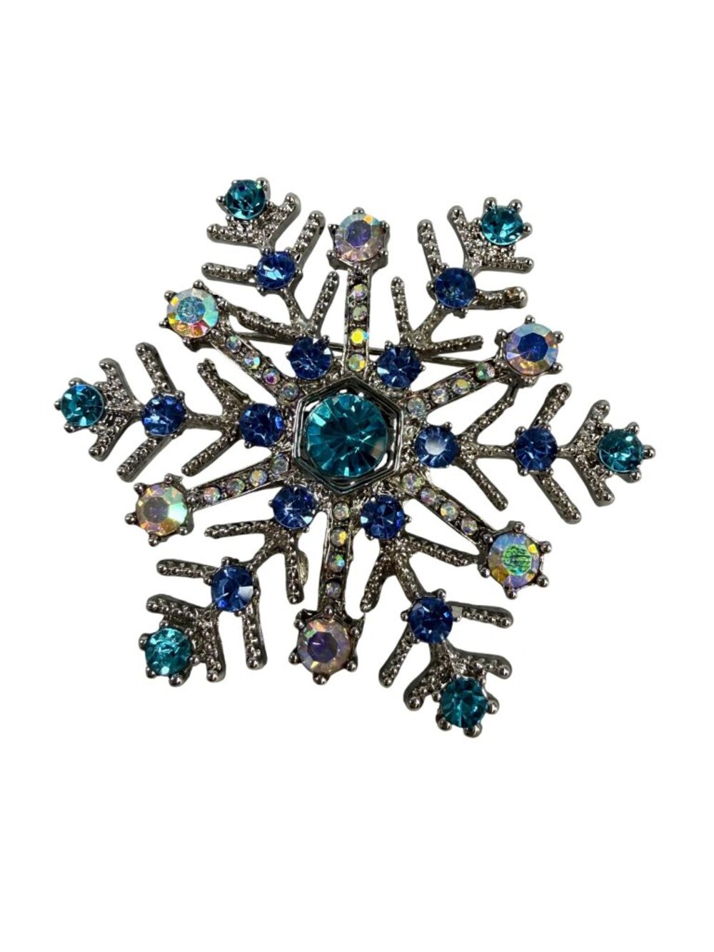 Snowflake Rhinestone Crystal Brooch Pin With Blue & Iridescent Stones Christmas